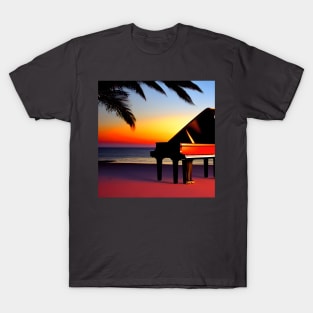 A Piano Sitting On The Beach At Sunset With A Palm Tree Near It. T-Shirt